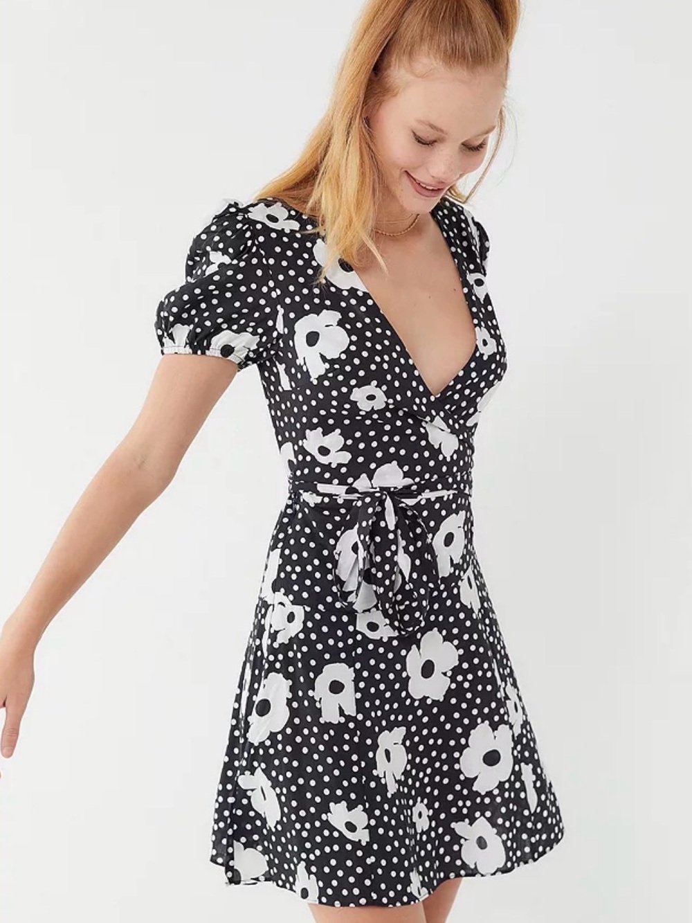 Urban Outfitters Cotton Black & White Polka-dot Wrap Mini Dress Puff Sleeves